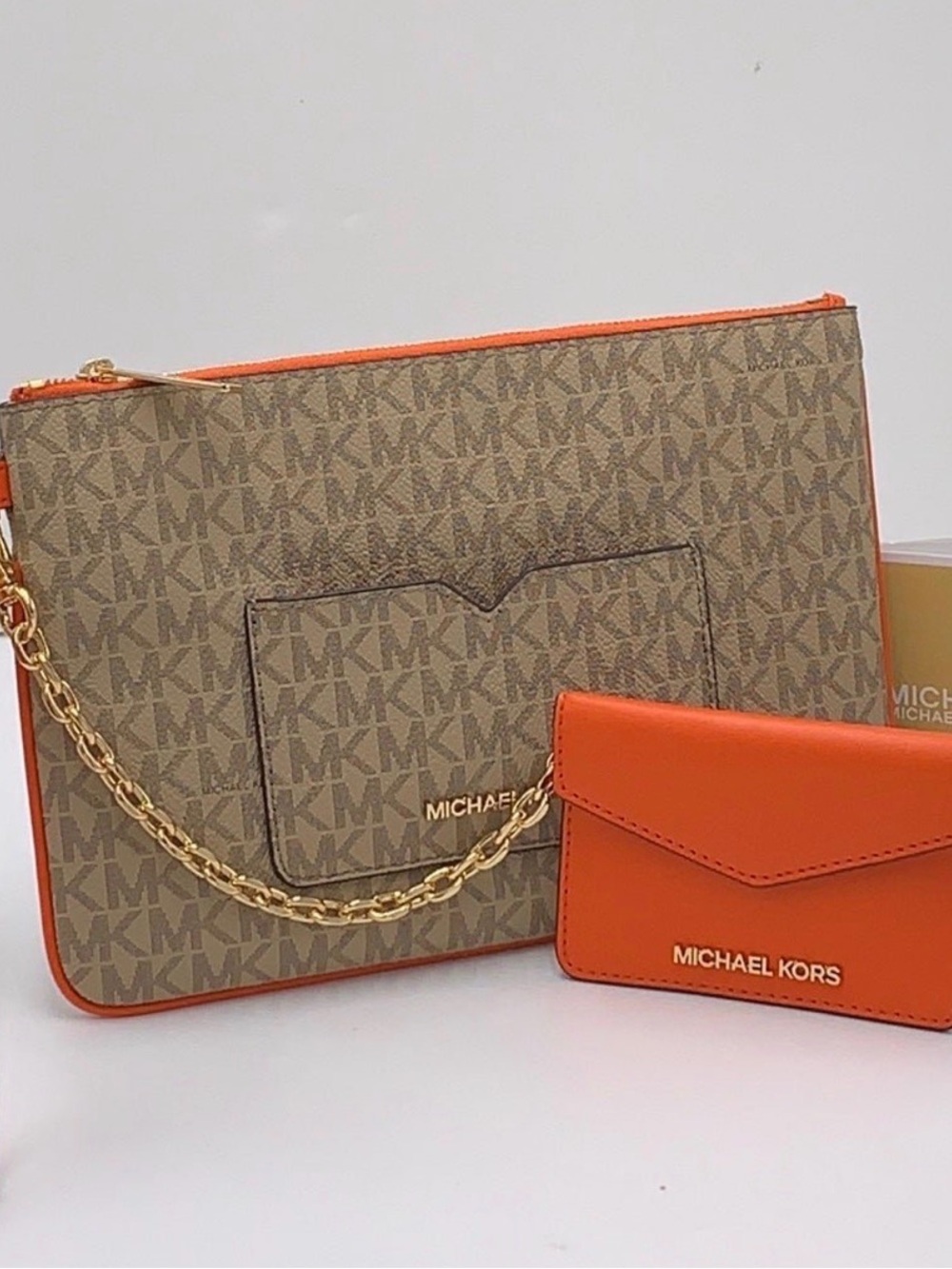 MK Jet Set Large 2‑in‑1 Card Case Wristlet NWT-Poppy Orange